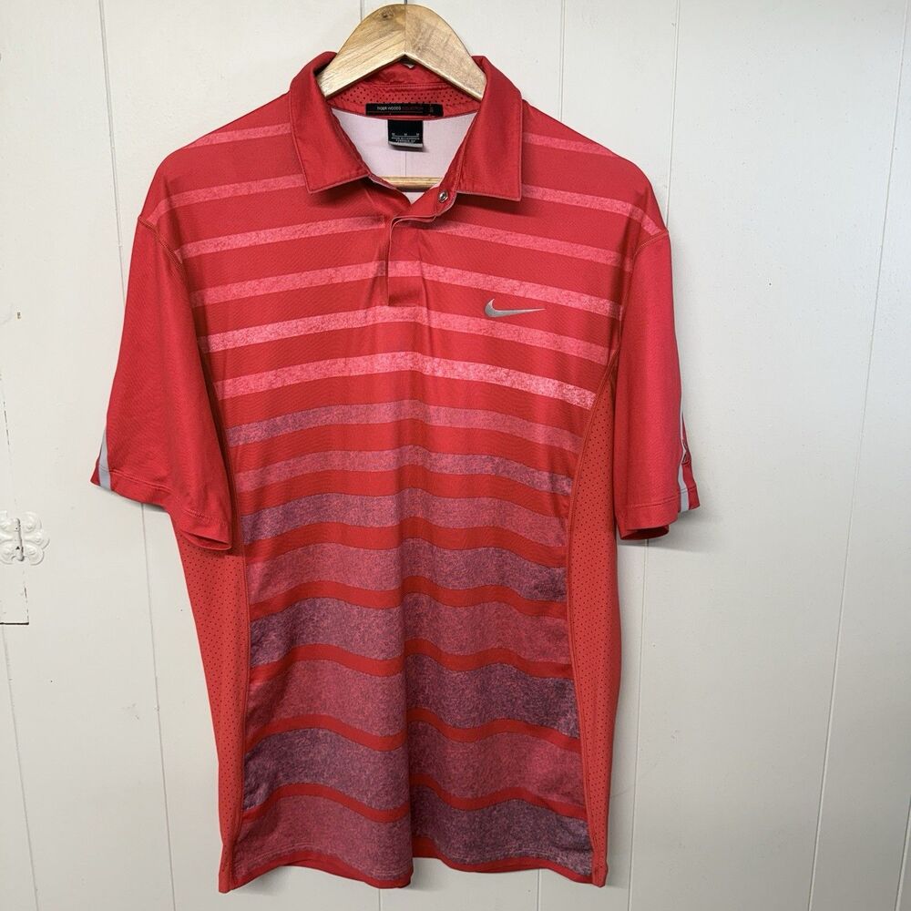 Nike Tiger Woods Collection Polo Shirt Dri-Fit Striped  Golf Red Men M EUC